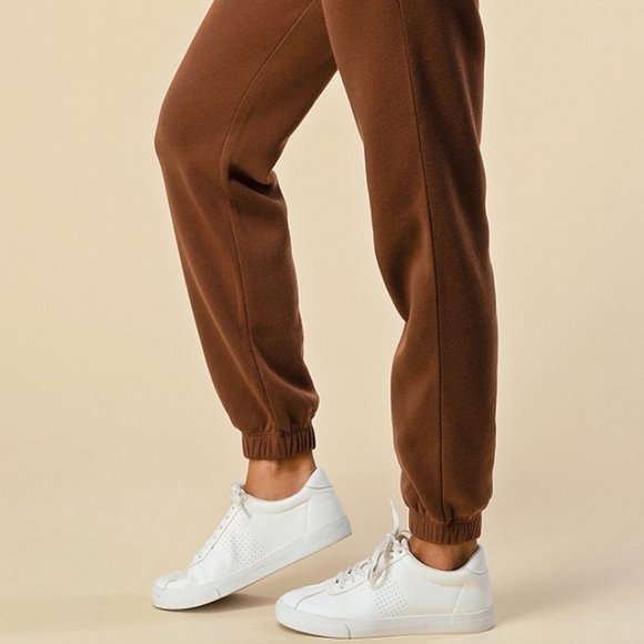 NEW Chocolate Brown High Waist Side Pockets Relaxed Fleece Jogger Sweat Pants - Picture 6 of 9